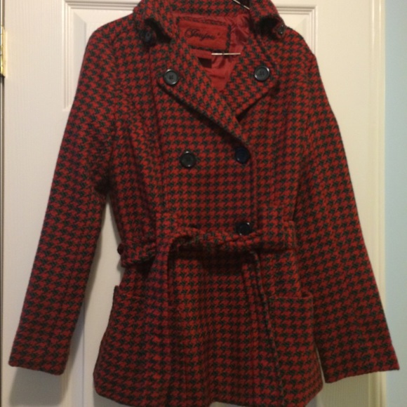 Houndstooth red green and black "trench" coat