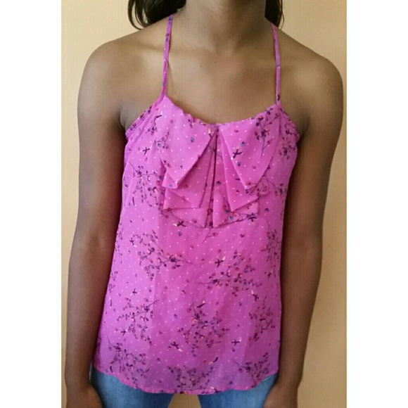 Razor back Pink blouse with ruffled neckline