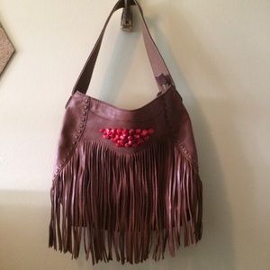 Lucky Brand Fringe and Red Stone Hobo Bag