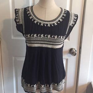 Navy and cream woven top with cap sleeves