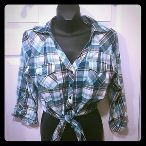 Teal and brown plaid shirt