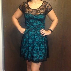Black Lace Green Skater Dress