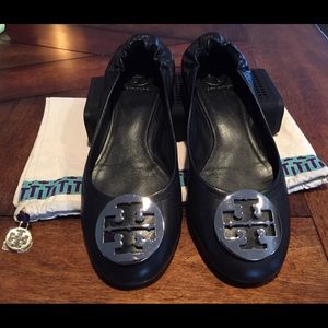 Tory Burch black/silver Reva Leather Ballet Flat
