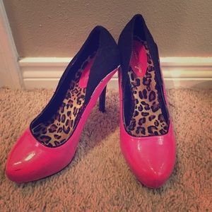 Pink and black lace heels