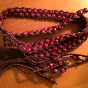 J. Crew Brown Leather Rope Belt w/ Dark Red Beads