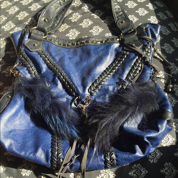 Nicole Lee blue leather rabbit fur bag