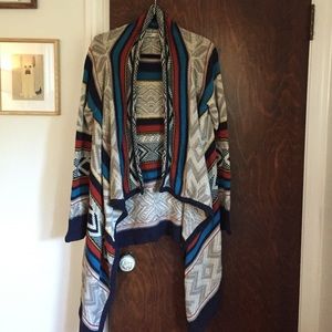 Long chunky native print wrap sweater jacket