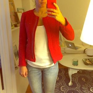 GAP collarless red jacket with slightly frayed hem