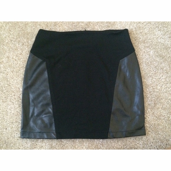 F21 black leather and knit mini skirt