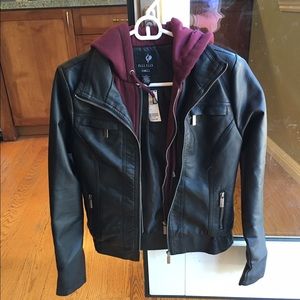 Leather jacket with maroon zip up