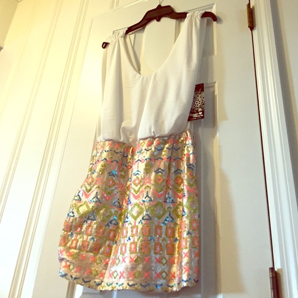 Sequin Hearts low cut multi sequined ivory dress - Picture 1 of 3