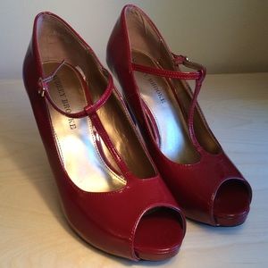 Audrey Brooke Red Patent Leather Peep Toe Heel
