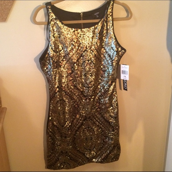 NWT XOXO Gold Sequined and Black Satin Dress