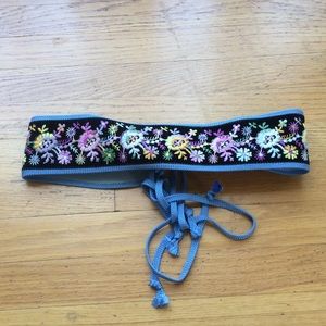 Black floral mid waist belt, blue accents