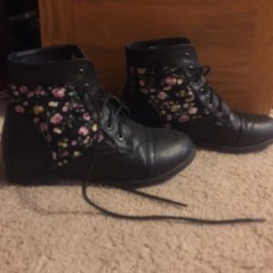Black floral lace up ankle boots