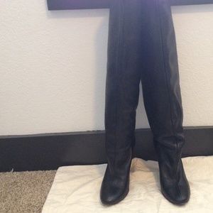 MaxMara black leather pull on over the knee boots