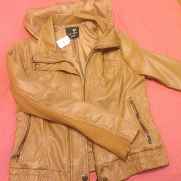 Tan/cognac faux leather jacket. Hooded and NWT