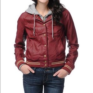 PRICE DROP: OBEY red leather jacket with grey hood