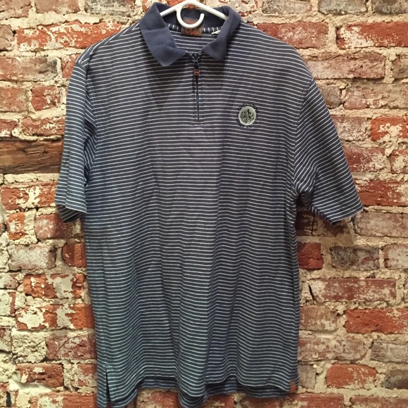 Men's blue and white striped golf shirt