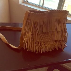 Leather fringe canvas bag