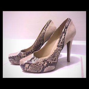 BCBG Beige Suede and Snakeskin Pumps
