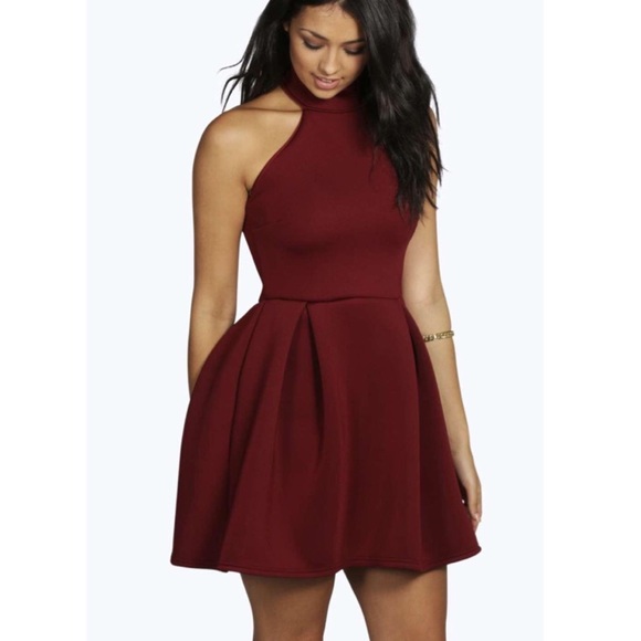 Boohoo Dresses & Skirts - Ana Turtle Neck Bonded Scuba Skater Dress in Berry