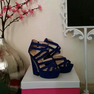JustFab blue/gold 6" wedge heels size 9. NWOT