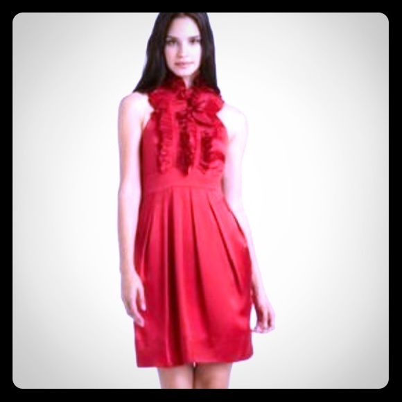 BCBG Maxazria Red Pleated Neck Halter Silk Dress.