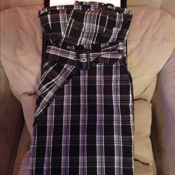 Bebe Black/White Plaid Strapless Dress