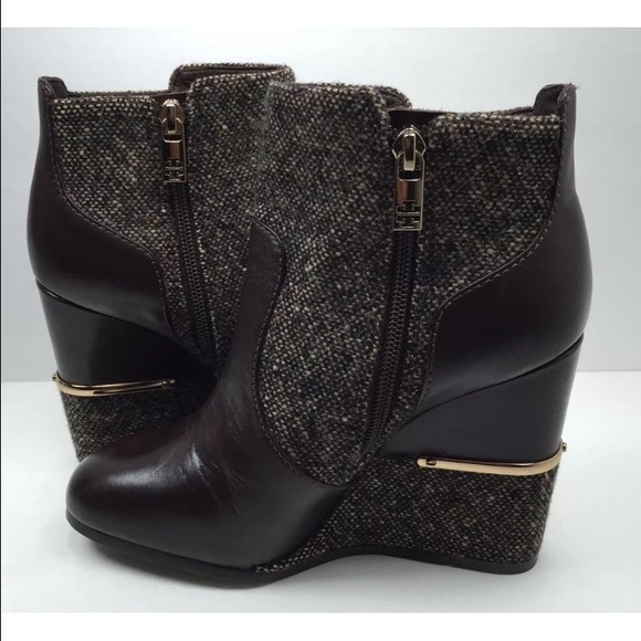 Tory Burch brown leather wedge booties size 7 M - Picture 1 of 4