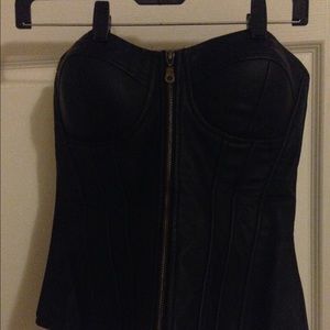 Black zipper and back laced leather corset top