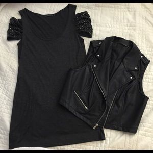 Fake leather vest w/ gray studded t-shirt