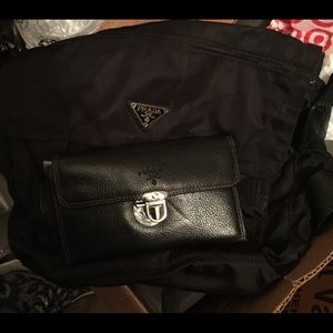 Prada black messenger tote and leather wallet