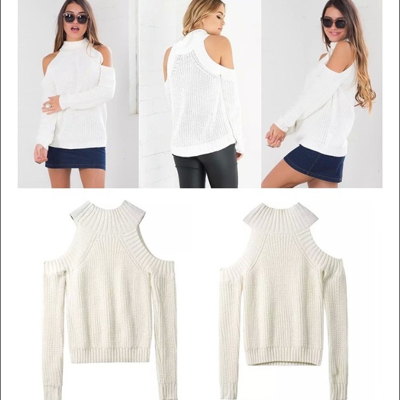 ✂️Off shoulder white Turtleneck loose knit Sweater - Picture 3 of 4