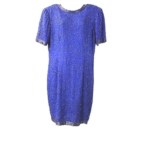 ROYAL BLUE EMBELLISHED EVENING SILK DRESS XL - Picture 1 of 3