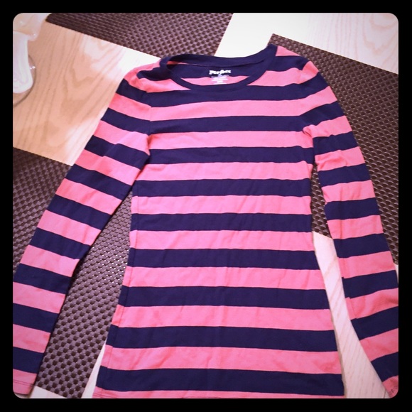 Navy Blue & Coral Striped Long Sleeve Shirt