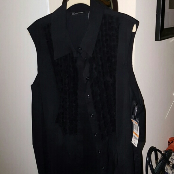 INC Black Short Sleeve button Down Blouse