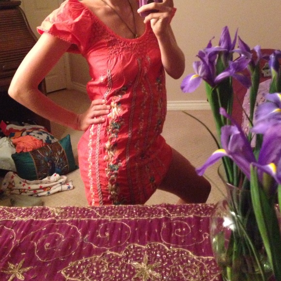 Cotton Salmon Embroidered Dress