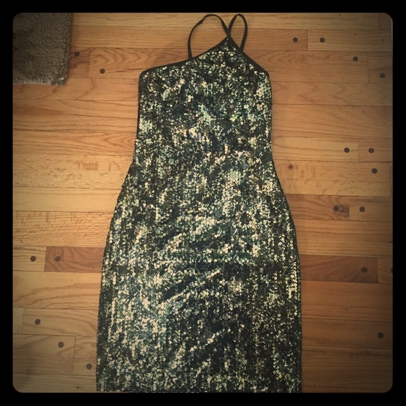 Asymmetrical neck Sequin dress camouflage print