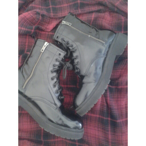 Womens Black Patent Ankle Combat Boots