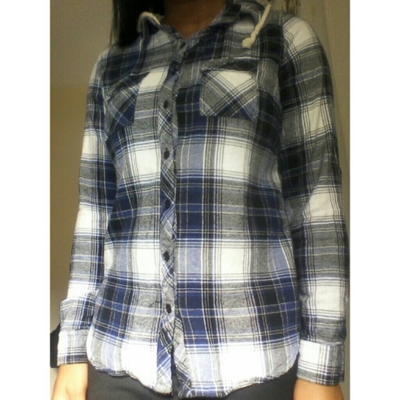 Wet Seal Hooded Button Down Plaid Flannel Shirt