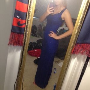 Blue Beaded Floor Length Prom Dress