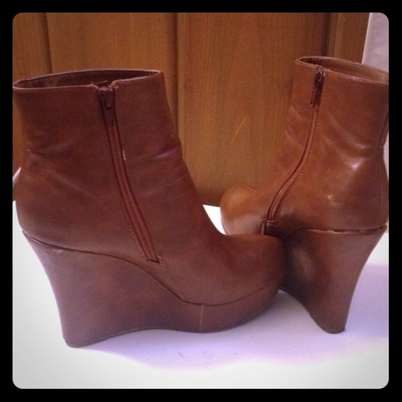 Faux brown leather wedge booties