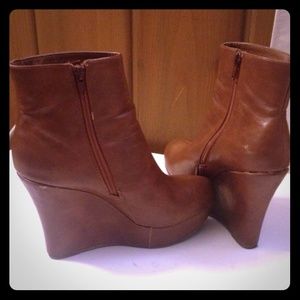 Faux brown leather wedge booties