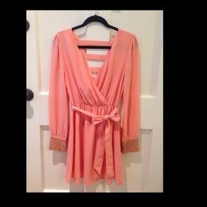 Coral double v neck dress