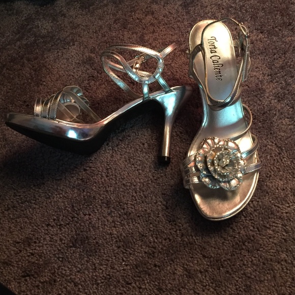 Silver heels with rose. Beautiful!