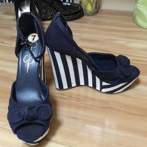 Blue wedge shoes