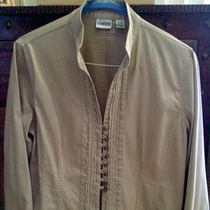 Women's lace button jacket tan.