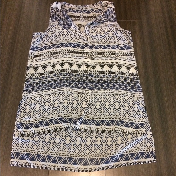 Navy and white tribal pattern high low blouse