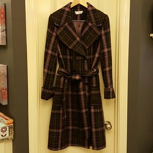 Purple and brown double breasted trench coat